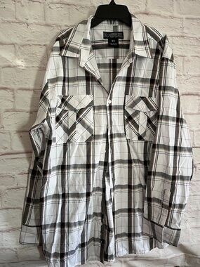 Men’s White Plaid Button-Down Shirt with Black and Brown Accents